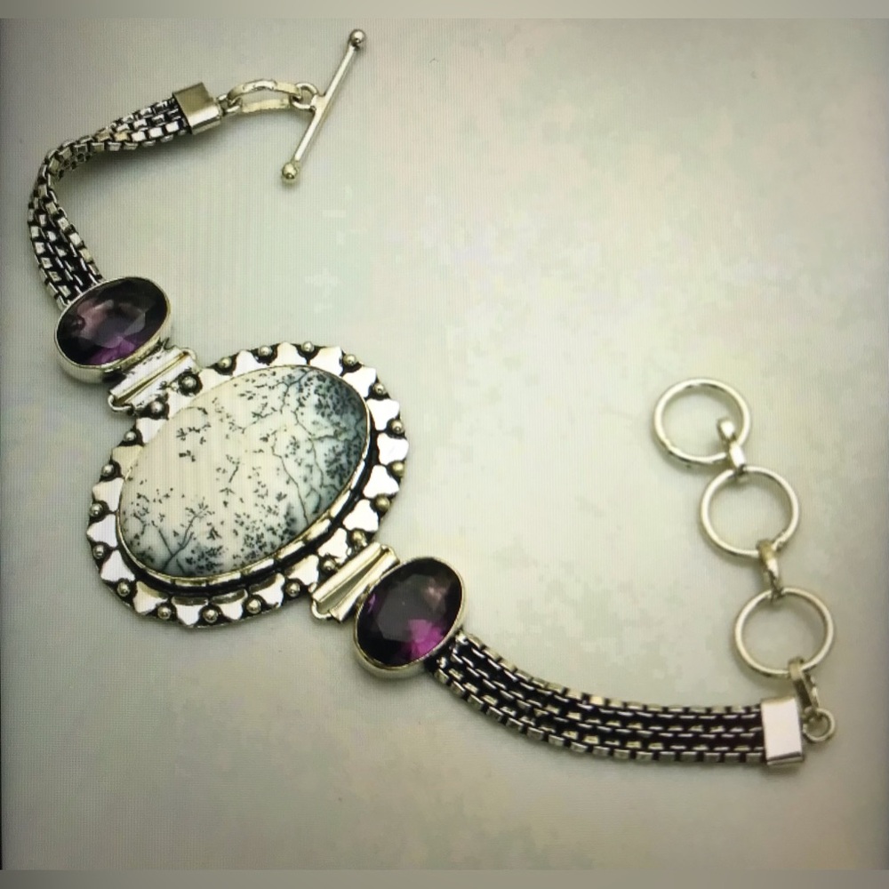 Dendritic Opal Amethyst Stamped 925 Sterling Silver Bracelet
